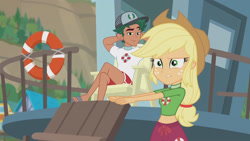 Size: 3410x1920 | Tagged: safe, derpibooru import, screencap, applejack, timber spruce, better together, equestria girls, turf war, applejack's hat, beach, belly button, clothes, cowboy hat, female, hat, high res, jewelry, lifeguard applejack, lifeguard timber, male, necklace