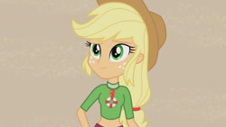 Size: 3410x1920 | Tagged: safe, derpibooru import, screencap, applejack, better together, equestria girls, turf war, applejack's hat, beach, belly button, clothes, cowboy hat, female, geode of super strength, hat, high res, jewelry, lifeguard applejack, magical geodes, necklace, smiling, solo