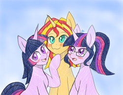 Size: 2200x1700 | Tagged: safe, artist:zachc, derpibooru import, sci-twi, sunset shimmer, twilight sparkle, unicorn twilight, pony, unicorn, equestria girls, abstract background, blushing, equestria girls ponified, female, glasses, lesbian, polyamory, ponified, scitwishimmer, self ponidox, shipping, sunset gets all the twilights, sunset twiangle, sunsetsparkle, unicorn sci-twi