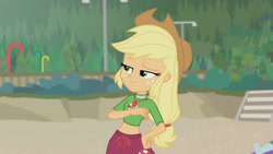 Size: 3410x1920 | Tagged: safe, derpibooru import, screencap, applejack, better together, equestria girls, turf war, applejack's hat, beach, belly button, clothes, cowboy hat, female, geode of super strength, hand on hip, hat, high res, jewelry, lifeguard applejack, magical geodes, necklace, smiling, solo