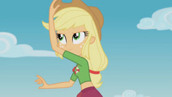 Size: 3410x1920 | Tagged: safe, derpibooru import, screencap, applejack, better together, equestria girls, turf war, applejack's hat, clothes, cowboy hat, female, geode of super strength, hat, high res, jewelry, lifeguard applejack, magical geodes, necklace, smiling, solo