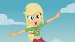 Size: 3410x1920 | Tagged: safe, derpibooru import, screencap, applejack, better together, equestria girls, turf war, belly button, female, geode of super strength, high res, jewelry, lifeguard applejack, magical geodes, necklace, open mouth, solo