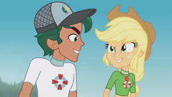 Size: 3410x1920 | Tagged: safe, derpibooru import, screencap, applejack, timber spruce, better together, equestria girls, turf war, applejack's hat, beach, clothes, cowboy hat, female, geode of super strength, grin, hat, high res, jewelry, lifeguard applejack, lifeguard timber, looking at each other, magical geodes, male, necklace, smiling, smiling at each other