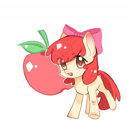 Size: 1680x1680 | Tagged: safe, artist:woxiangshangxuerangwoshangxue, derpibooru import, apple bloom, earth pony, apple, female, filly, food, solo