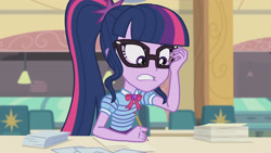 Size: 3410x1920 | Tagged: safe, derpibooru import, screencap, sci-twi, twilight sparkle, better together, equestria girls, the last day of school, bowtie, clothes, cutie mark, cutie mark on clothes, female, geode of telekinesis, glasses, high res, jewelry, magical geodes, necklace, ponytail, solo