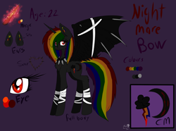 Size: 2884x2148 | Tagged: safe, artist:candysugarskullgirl9, derpibooru import, oc, oc only, oc:nightmare bow, alicorn, bandage, bandaged leg, bandaged wing, bat wings, choker, cutie mark, ear piercing, female, horn, magic, multicolored hair, piercing, princess, purple background, rainbow hair, rainbow tail, scar, simple background, solo, spiked choker, tail, tattoo, text, wings