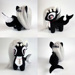 Size: 1080x1080 | Tagged: safe, artist:larsen toys, derpibooru import, oc, orca, orca pony, original species, pony, whale, brooch, cute, jewelry, monochrome, necklace, photo, plushie, red eyes, solo, toy, white hair