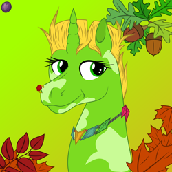 Size: 1980x1980 | Tagged: safe, artist:terminalhash, derpibooru import, oc, oc:uliana, pony, unicorn, autumn, digital art, female, gradient background, leaves, ponified, solo, vector