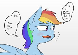 Size: 1414x1000 | Tagged: safe, artist:happy harvey, derpibooru import, rainbow dash, pegasus, pony, blushing, chest fluff, dialogue, drawn on phone, ear fluff, ears, emanata, looking sideways, open mouth, right to left, simple background, spread wings, sweat, sweatdrops, white background, wings