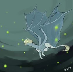 Size: 1669x1665 | Tagged: safe, artist:penrosa, derpibooru import, oc, oc only, oc:frostbitten, dragon, firefly (insect), insect, abstract background, dragon oc, flying, signature, solo, wings