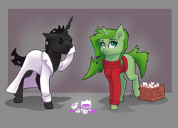 Size: 2500x1800 | Tagged: safe, artist:joan-grace, derpibooru import, oc, oc only, changeling, pony, unicorn, abstract background, broken horn, changeling oc, clothes, facehoof, female, horn, lab coat, mare, music notes, smiling, unicorn oc, white changeling