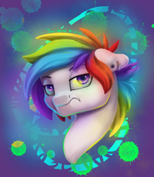 Size: 2000x2300 | Tagged: safe, artist:joan-grace, derpibooru import, oc, oc only, earth pony, pony, abstract background, bust, frown, multicolored hair, rainbow hair, solo