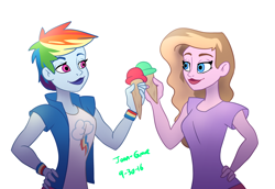 Size: 2912x2000 | Tagged: safe, artist:joan-grace, derpibooru import, rainbow dash, oc, equestria girls, clothes, cutie mark, cutie mark on clothes, duo, female, food, hand on hip, ice cream, lipstick, signature, simple background, smiling, white background