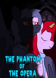 Size: 900x1252 | Tagged: safe, artist:tranzmuteproductions, derpibooru import, oc, oc only, bat pony, pony, unicorn, bat pony oc, bat wings, duo, female, horn, hug, hug from behind, male, mare, phantom of the opera, smiling, stallion, unicorn oc, wings