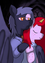 Size: 900x1252 | Tagged: safe, alternate version, artist:tranzmuteproductions, derpibooru import, oc, oc only, bat pony, pony, unicorn, bat pony oc, bat wings, duo, female, horn, hug, hug from behind, male, mare, phantom of the opera, smiling, stallion, unicorn oc, wings