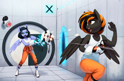 Size: 2300x1504 | Tagged: safe, artist:mrscroup, derpibooru import, oc, oc only, anthro, pegasus, unguligrade anthro, anthro oc, aperture science, boots, bullet, camera, carrying, clothes, commission, crossover, crying, door, duo, eyebrows, female, firing, green eyes, gun, long fall horseshoe, looking at each other, looking back, mare, multicolored hair, multicolored mane, open mouth, orange eyes, pants, pegasus oc, portal, portal (valve), portal 2, portal gun, running, running away, shadow, shoes, spread wings, surprised, sweat, sweatdrop, tanktop, teeth, this will end in pain, turret, weapon, wings