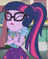 Size: 1434x1737 | Tagged: safe, derpibooru import, screencap, sci-twi, twilight sparkle, better together, equestria girls, the last day of school, book, cropped, eyes closed, female, glasses, solo