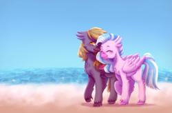 Size: 2183x1429 | Tagged: safe, artist:zowzowo, derpibooru import, silverstream, oc, oc:yutaka deo, hippogriff, beach, blue sky, blushing, commission, couple, cute, deostream, hippogriff oc, ocean, romance, sand, shy, snuzzling, walking, wave, wings