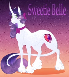 Size: 1782x1978 | Tagged: safe, artist:inisealga, derpibooru import, sweetie belle, classical unicorn, pony, unicorn, :p, abstract background, alternate design, blaze (coat marking), bow, bowtie, cloven hooves, coat markings, curved horn, facial markings, female, gradient background, horn, leonine tail, mare, redesign, solo, tail, text, tongue, tongue out, unshorn fetlocks