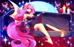 Size: 3333x2100 | Tagged: safe, artist:koveliana, derpibooru import, fluttershy, anthro, bat pony, unguligrade anthro, apple, bat ponified, bat wings, breasts, candle, chest fluff, cleavage fluff, clothes, coffin, dress, female, flutterbat, food, full moon, hoof fluff, hootershy, moon, race swap, solo, species swap, wings