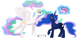 Size: 3365x1782 | Tagged: safe, artist:smilodonkahn, derpibooru import, princess celestia, princess luna, alicorn, pony, cake, cakelestia, diet, female, food, glowing, glowing horn, horn, levitation, magic, missing accessory, simple background, telekinesis, transparent background, weight loss