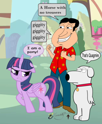 Size: 1050x1280 | Tagged: safe, artist:smilodonkahn, derpibooru import, twilight sparkle, twilight sparkle (alicorn), alicorn, dog, pony, brian griffin, crossover, cursed image, dialogue, ears, family guy, female, floppy ears, giggity, glenn quagmire, male, speech bubble