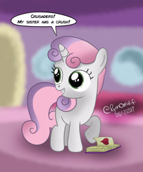 Size: 2500x3000 | Tagged: safe, artist:ryanonwifi, derpibooru import, sweetie belle, pony, unicorn, diary, female, filly, grin, heart, smiling, snooping, solo, speech bubble