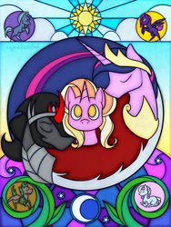 Size: 1050x1400 | Tagged: safe, artist:enigmadoodles, derpibooru import, king sombra, luster dawn, princess twilight 2.0, twilight sparkle, twilight sparkle (alicorn), alicorn, pony, fanfic:no second chances, the last problem, armor, crown, fanfic, fanfic art, fanfic cover, jewelry, older, older twilight, peytral, regalia, stained glass