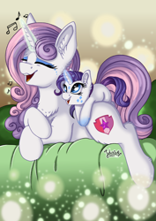 Size: 2894x4093 | Tagged: safe, artist:julunis14, derpibooru import, rarity, sweetie belle, pony, unicorn, age swap, cute, eyes closed, face paint, female, filly, filly rarity, older, older sweetie belle, role reversal, sibling love, siblings, singing, sisterly love, sisters, younger