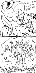 Size: 1500x3000 | Tagged: safe, artist:skookz, derpibooru import, fluttershy, twilight sparkle, bird, butterfly, pegasus, pony, rabbit, squirrel, unicorn, animal, black and white, book, comic, female, flower, fluttertree, grayscale, implied transformation, mare, monochrome, text, tree