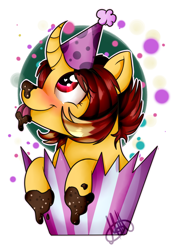 Size: 782x1104 | Tagged: safe, artist:millefaller, derpibooru import, oc, oc only, pony, unicorn, abstract background, blushing, hat, looking up, party hat, signature, simple background, smiling, solo, white background