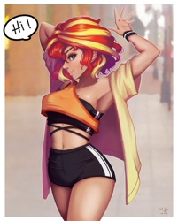 Size: 803x1000 | Tagged: safe, artist:the-park, sunset shimmer, human, belly button, breasts, dialogue, female, humanized, lidded eyes, looking at you, shirt, smiling, solo, speech bubble, sports bra, sports shorts