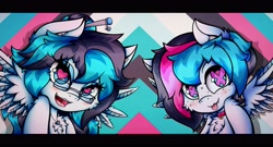 Size: 4096x2219 | Tagged: safe, alternate version, artist:canvymamamoo, oc, oc only, oc:canvy, oc:echy, pegasus, pony, abstract background, brother and sister, chest fluff, collar, duo, ear fluff, ears, fangs, female, freckles, glasses, hair bun, heart eyes, jewelry, looking at you, male, mare, necklace, open mouth, siblings, smiling, spread wings, stallion, tongue, tongue out, tree, twins, wingding eyes, wings