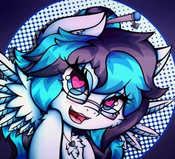 Size: 3169x2894 | Tagged: safe, artist:canvymamamoo, oc, oc only, oc:canvy, pegasus, pony, abstract background, chest fluff, circle background, ear fluff, ears, fangs, female, hair bun, heart eyes, jewelry, lidded eyes, looking at you, mare, necklace, open mouth, smiling, solo, spread wings, wingding eyes, wings