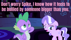 Size: 800x450 | Tagged: safe, edit, editor:undeadponysoldier, diamond tiara, spike, dragon, earth pony, pony, comforting, crying, emotional, female, filly, golden oaks library, implied garble, implied spoiled rich, jewelry, male, night, relatable, sad, spikelove, story included, text, tiara