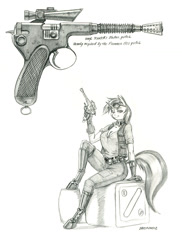 Size: 1000x1376 | Tagged: safe, artist:baron engel, derpibooru import, dj pon-3, vinyl scratch, anthro, unguligrade anthro, unicorn, blaster, clothes, english, female, grayscale, gun, handgun, monochrome, pencil drawing, pistol, solo, star wars, text, traditional art, weapon