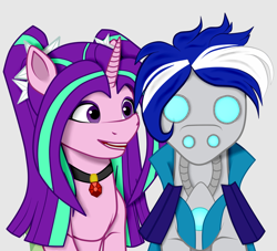 Size: 828x753 | Tagged: safe, artist:crystal yazarän, derpibooru import, aria blaze, oc, oc:ivislor, cyborg, pony, unicorn, equestria girls, cape, clothes, commission, cyborg pony, duo, female, jewelry, male, pendant, ponified, shoulder pads, smiling