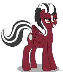 Size: 2635x3030 | Tagged: safe, artist:lynnthenerdkitty, derpibooru import, oc, oc:shatter misty cloud, pegasus, pony, skunk, skunk pony, crossover, female, grin, lidded eyes, ponified, shatter (transformers), simple background, smiling, species swap, transformers, transparent background