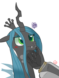 Size: 1836x2420 | Tagged: safe, artist:cjv2004, derpibooru import, queen chrysalis, changeling, changeling queen, pony, angry, blushing, crossover, disembodied hand, female, hand, megatron, offscreen character, robot hand, shipping, transformers, tsundalis, tsundere