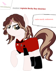 Size: 2928x3728 | Tagged: safe, artist:calebtyink, derpibooru import, oc, oc:captain becky ray shoichet, earth pony, pony, equestria girls, non-existant horn, none existing horn, ponified, star trek, star trek: sunset shimmer