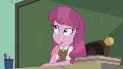 Size: 3410x1920 | Tagged: safe, derpibooru import, screencap, cheerilee, better together, equestria girls, the last day of school, book, chalkboard, female, high res, pencil, smiling, solo