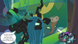 Size: 1280x720 | Tagged: safe, derpibooru import, edit, edited screencap, screencap, queen chrysalis, changeling, changeling queen, ophiotaurus, frenemies (episode), cocoon, crack shipping, female, implied sex, male, shipping, speech bubble, straight, thought bubble