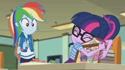 Size: 3410x1920 | Tagged: safe, derpibooru import, screencap, rainbow dash, sci-twi, twilight sparkle, better together, equestria girls, the last day of school, clothes, cutie mark, cutie mark on clothes, eyes closed, female, geode of super speed, glasses, high res, hoodie, jewelry, magical geodes, necklace, ponytail