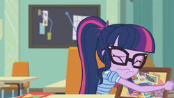 Size: 3410x1920 | Tagged: safe, derpibooru import, screencap, sci-twi, twilight sparkle, better together, equestria girls, the last day of school, book, bowtie, eyes closed, female, glasses, high res, ponytail, solo