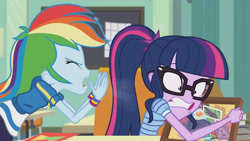 Size: 3410x1920 | Tagged: safe, derpibooru import, screencap, rainbow dash, sci-twi, twilight sparkle, better together, equestria girls, the last day of school, book, bowtie, clothes, eyes closed, female, geode of super speed, glasses, high res, hoodie, jewelry, magical geodes, necklace, open mouth, ponytail, yelling