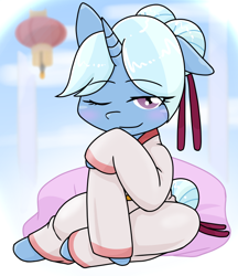 Size: 640x740 | Tagged: safe, artist:batipin, derpibooru import, trixie, pony, unicorn, alternate hairstyle, blushing, clothes, ears, floppy ears, gameloft interpretation, imperial alchemist, looking at you, one eye closed