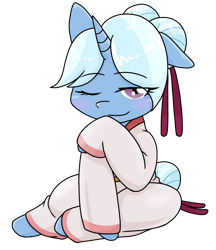 Size: 640x740 | Tagged: safe, alternate version, artist:batipin, derpibooru import, trixie, pony, unicorn, alternate hairstyle, blushing, clothes, ears, floppy ears, imperial alchemist, looking at you, one eye closed, simple background, transparent background