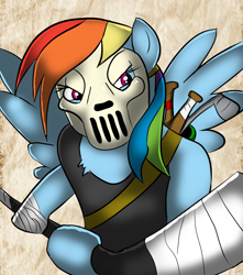 Size: 900x1020 | Tagged: safe, artist:tranzmuteproductions, derpibooru import, rainbow dash, anthro, pegasus, arm hooves, bandage, casey jones, clothes, cosplay, costume, hockey mask, hockey stick, mask, solo, wings