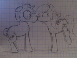 Size: 1000x750 | Tagged: safe, artist:zombietator, derpibooru import, oc, oc only, oc:claire, pegasus, pony, unicorn, duo, eyelashes, eyes closed, female, graph paper, horn, male, mare, oc x oc, pegasus oc, shipping, smiling, stallion, straight, unicorn oc, wings