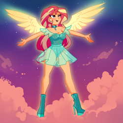 Size: 2000x2000 | Tagged: safe, artist:xjenn9, derpibooru import, sunset shimmer, human, series:my past is not today, equestria girls, boots, clothes, high heel boots, humanized, redesign, see-through, see-through skirt, shoes, skirt, solo, sunset phoenix, winged humanization, wings